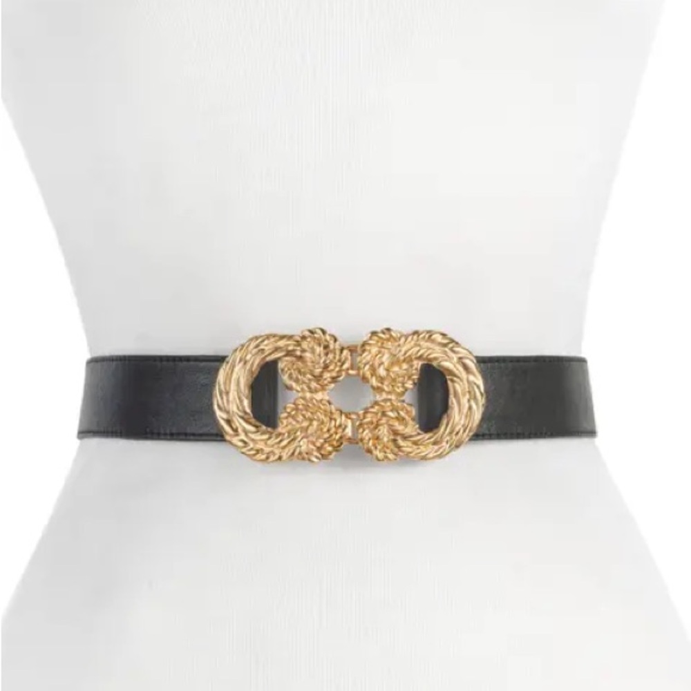 RAINA SHARON C KNOT BUCKLE LEATHER BELT BLACK WITH GOLD BUCKLE OS NWOT